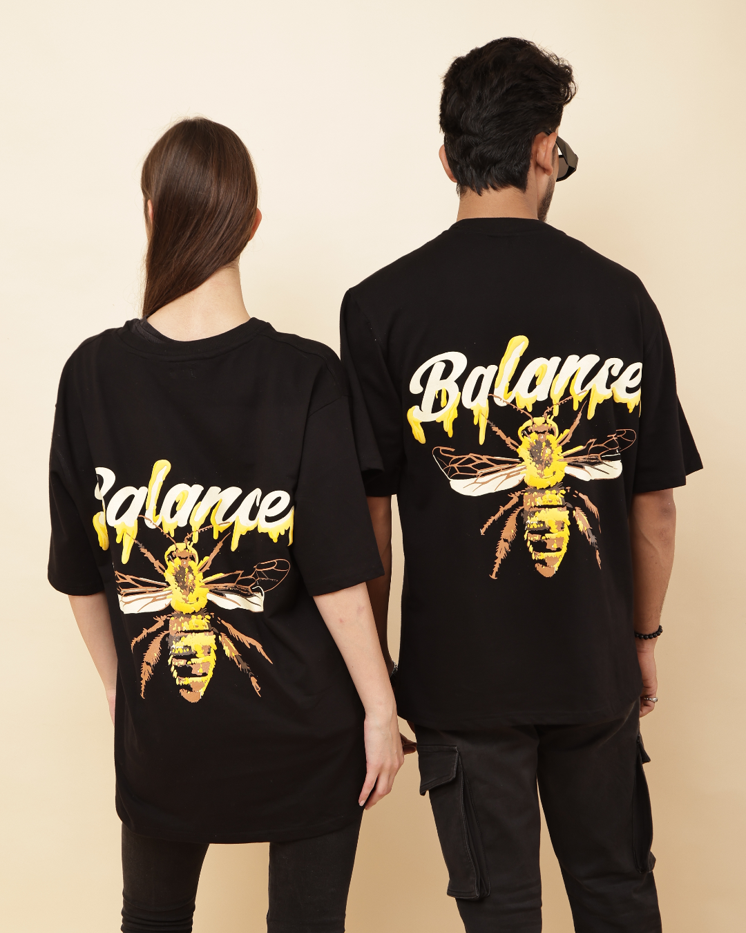 Balance Oversized Graphic T-Shirt – Bee Honey Drip Design (Black)